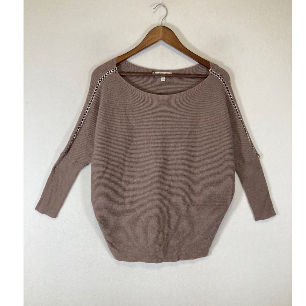 Boho Chic Jennifer Lopez Womens Med Taupe Ribbed Dolman Chain Shoulder Sweater
